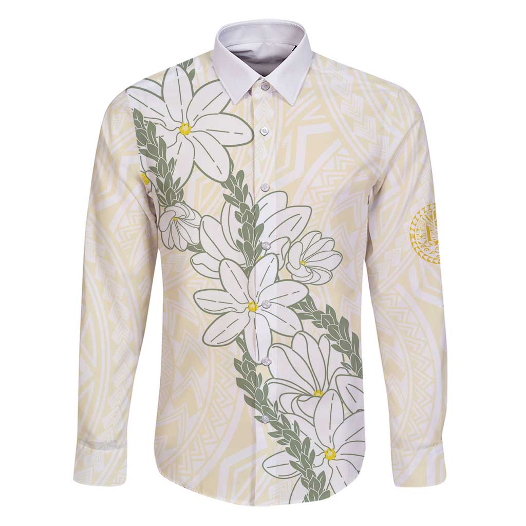 Ia Orana Tahiti Tiare Family Matching Puletasi and Hawaiian Shirt Lemon Yellow Lei LT7 Dad's Shirt - Long Sleeve Lemon - Polynesian Pride