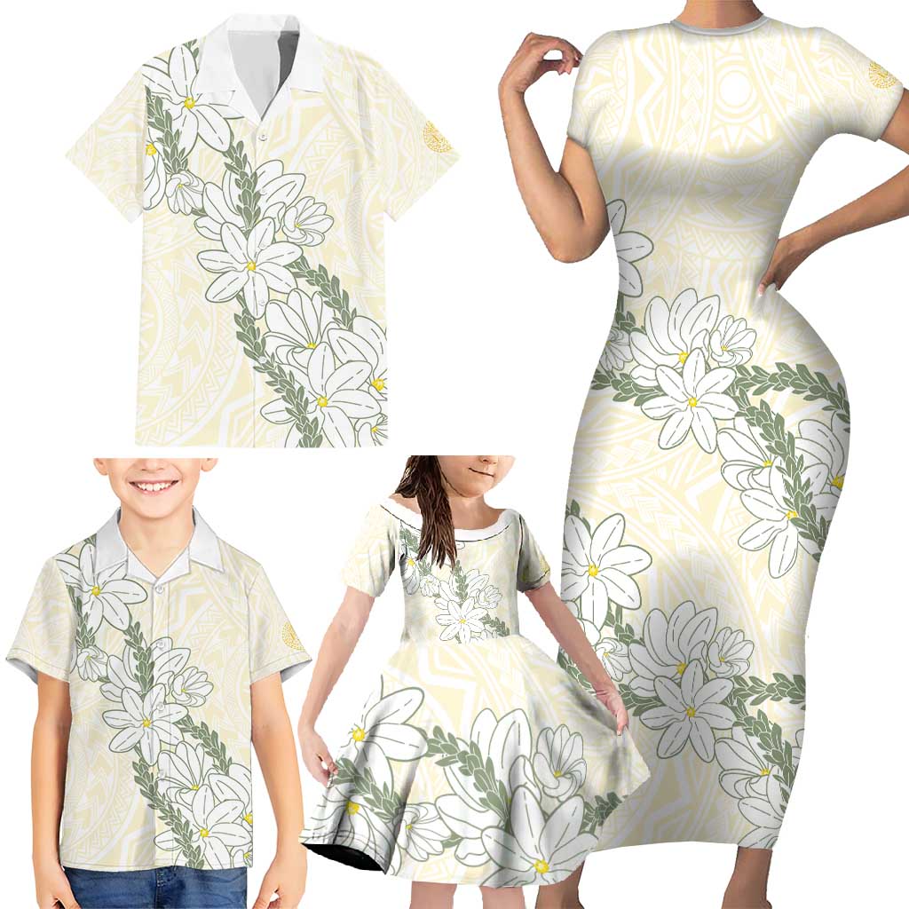 Ia Orana Tahiti Tiare Family Matching Short Sleeve Bodycon Dress and Hawaiian Shirt Lemon Yellow Lei LT7 - Polynesian Pride