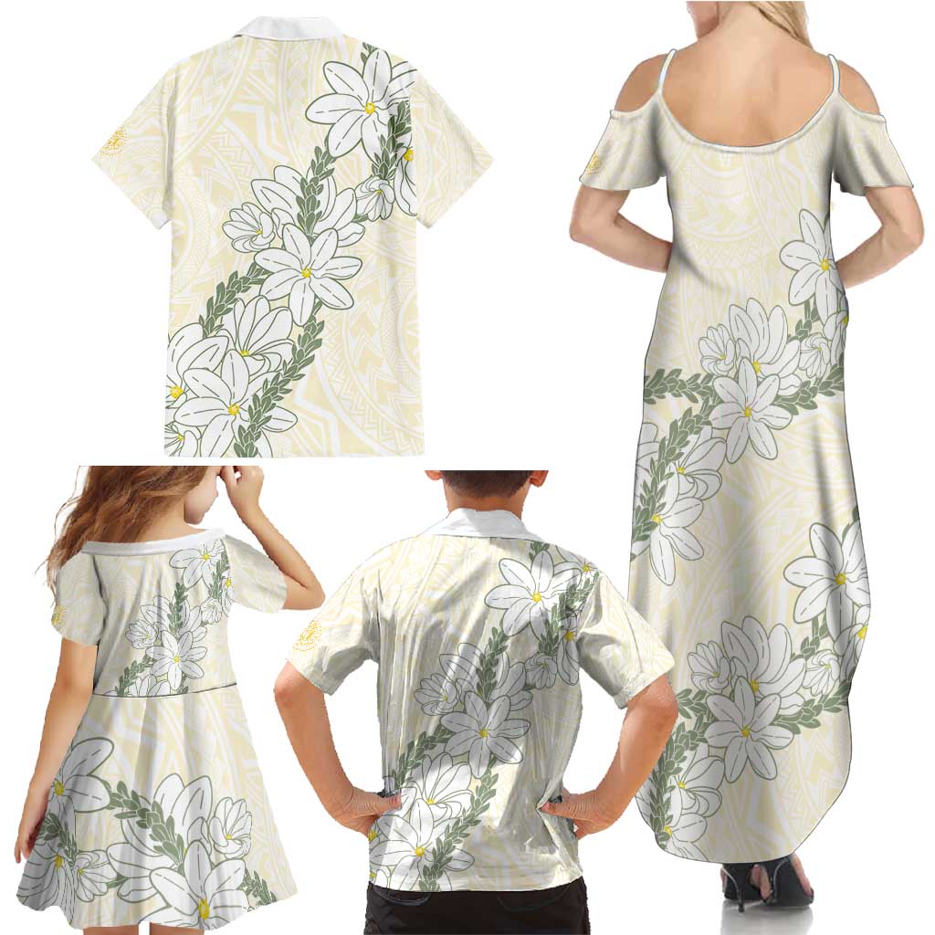 Ia Orana Tahiti Tiare Family Matching Summer Maxi Dress and Hawaiian Shirt Lemon Yellow Lei LT7 - Polynesian Pride