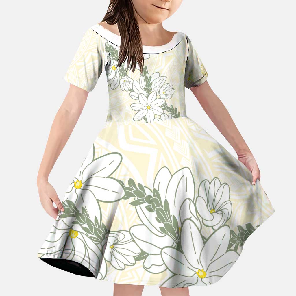 Ia Orana Tahiti Tiare Family Matching Tank Maxi Dress and Hawaiian Shirt Lemon Yellow Lei LT7 Daughter's Dress Lemon - Polynesian Pride