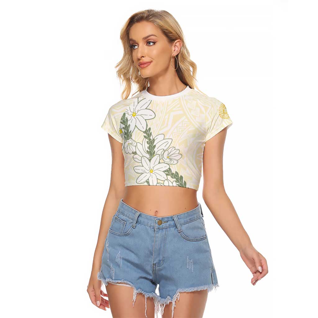 Ia Orana Tahiti Tiare Raglan Cropped T Shirt Lemon Yellow Lei - Polynesian Pride