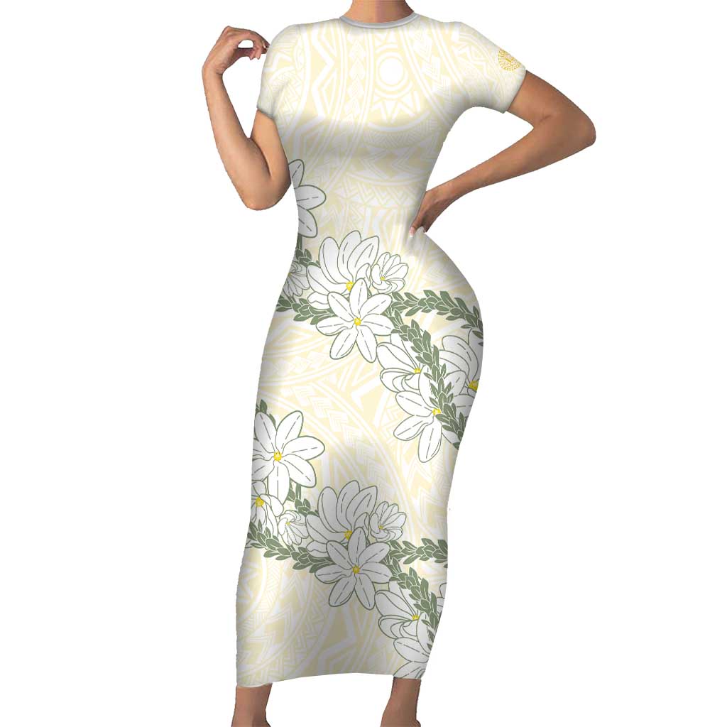 Ia Orana Tahiti Tiare Short Sleeve Bodycon Dress Lemon Yellow Lei - Polynesian Pride