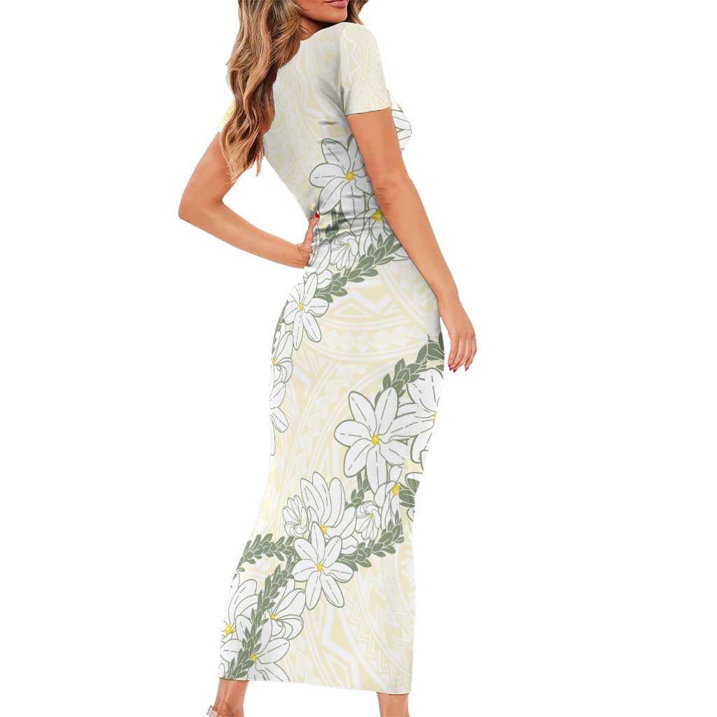 Ia Orana Tahiti Tiare Short Sleeve Bodycon Dress Lemon Yellow Lei LT7 - Polynesian Pride