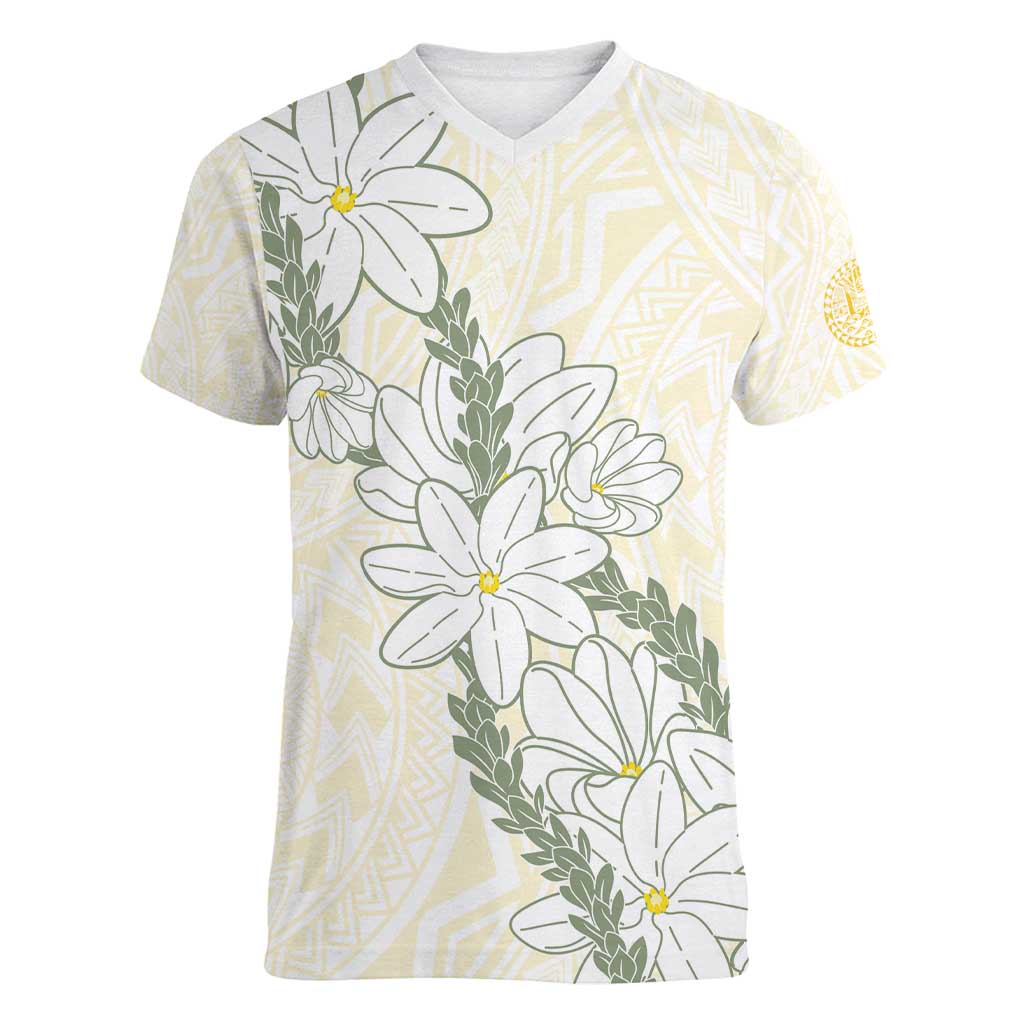 Ia Orana Tahiti Tiare Women V-Neck T-Shirt Lemon Yellow Lei LT7 Female Lemon - Polynesian Pride