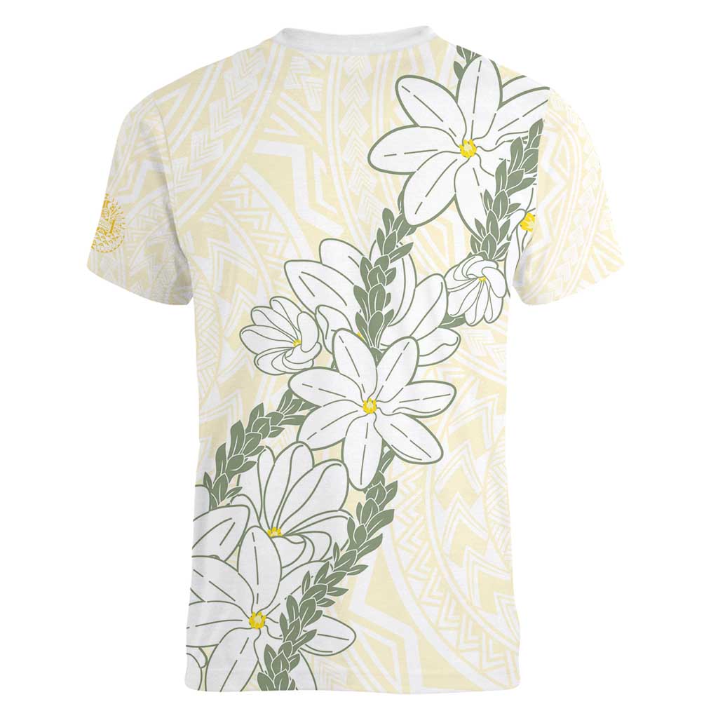 Ia Orana Tahiti Tiare Women V-Neck T-Shirt Lemon Yellow Lei LT7 - Polynesian Pride