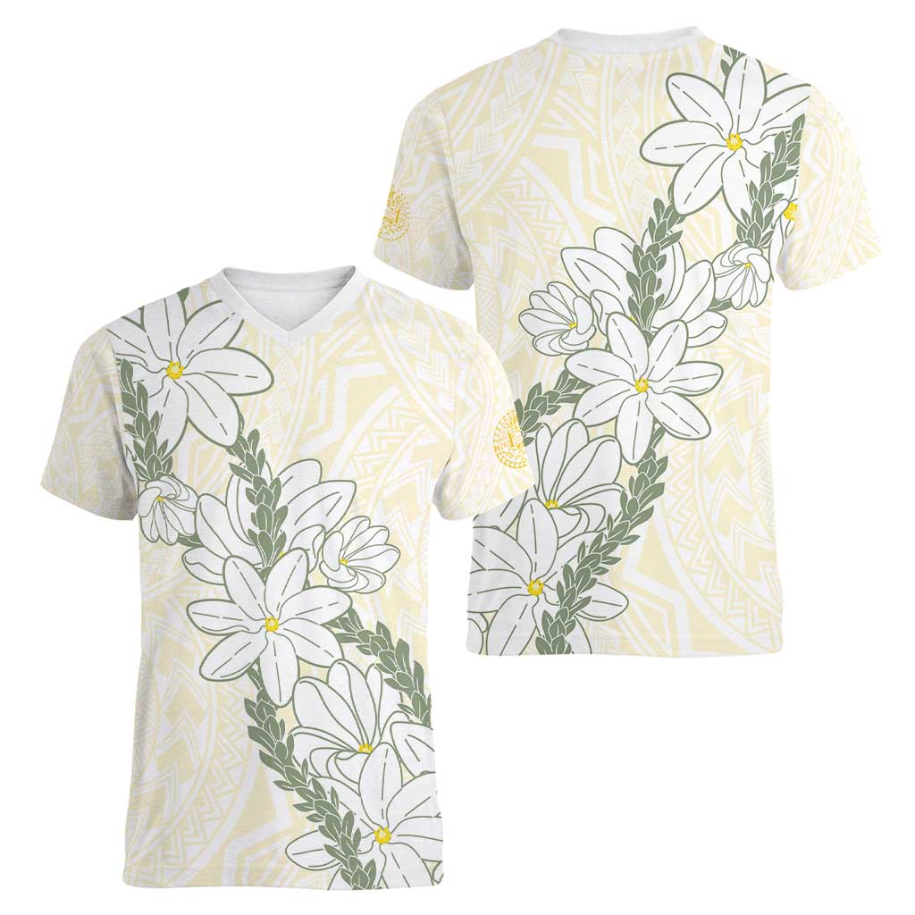 Ia Orana Tahiti Tiare Women V-Neck T-Shirt Lemon Yellow Lei LT7 - Polynesian Pride