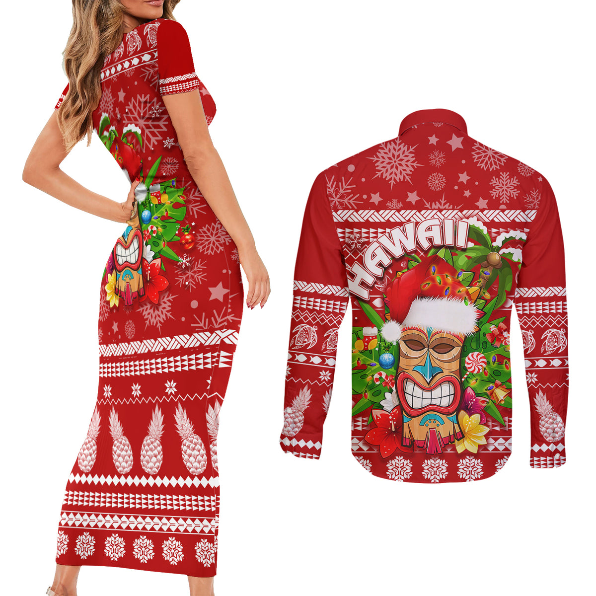 Hawaii Tiki Christmas Couples Matching Short Sleeve Bodycon Dress and Long Sleeve Button Shirt Mele Kalikimaka LT7 - Polynesian Pride