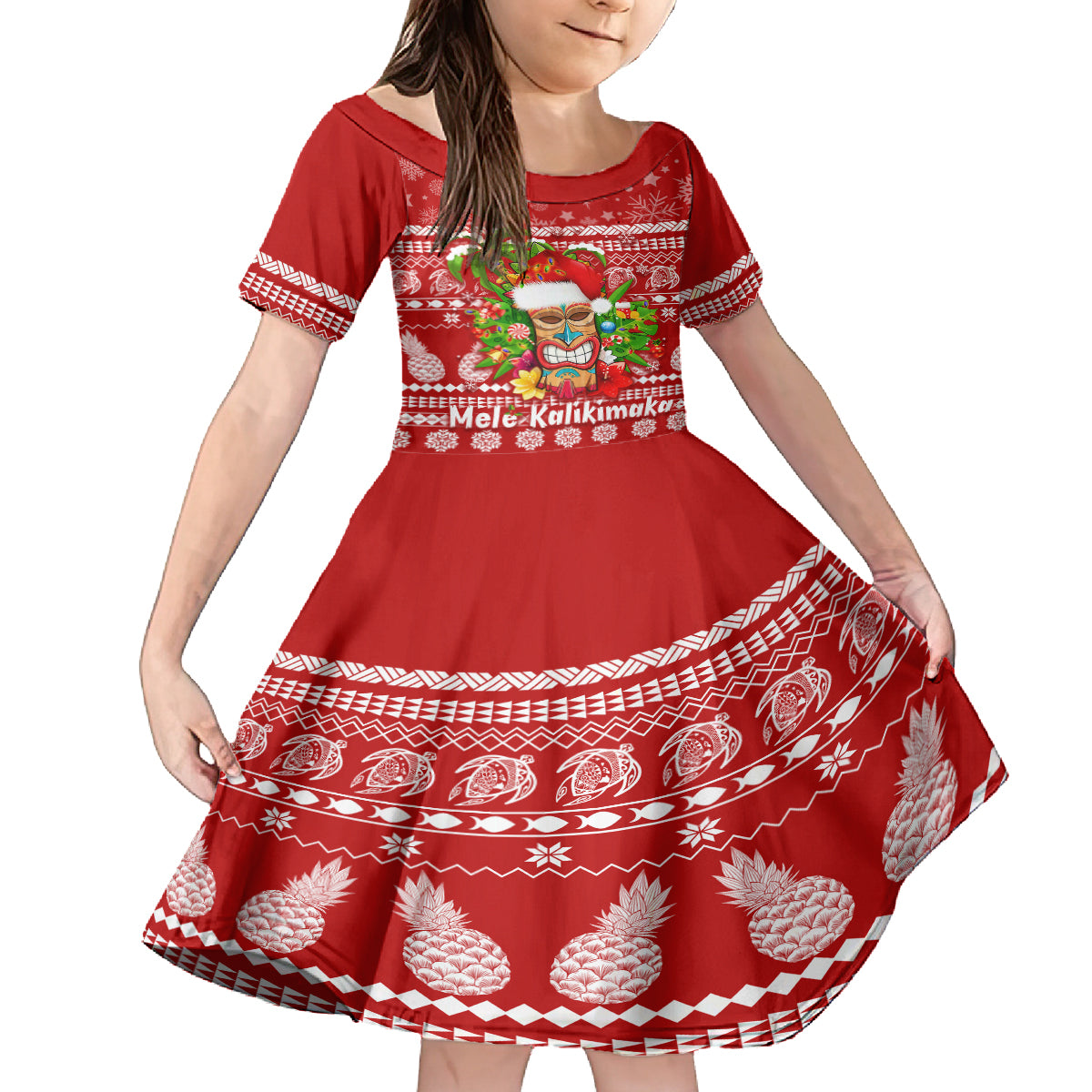 Hawaii Tiki Christmas Family Matching Tank Maxi Dress and Hawaiian Shirt Mele Kalikimaka LT7 Daughter's Dress Red - Polynesian Pride