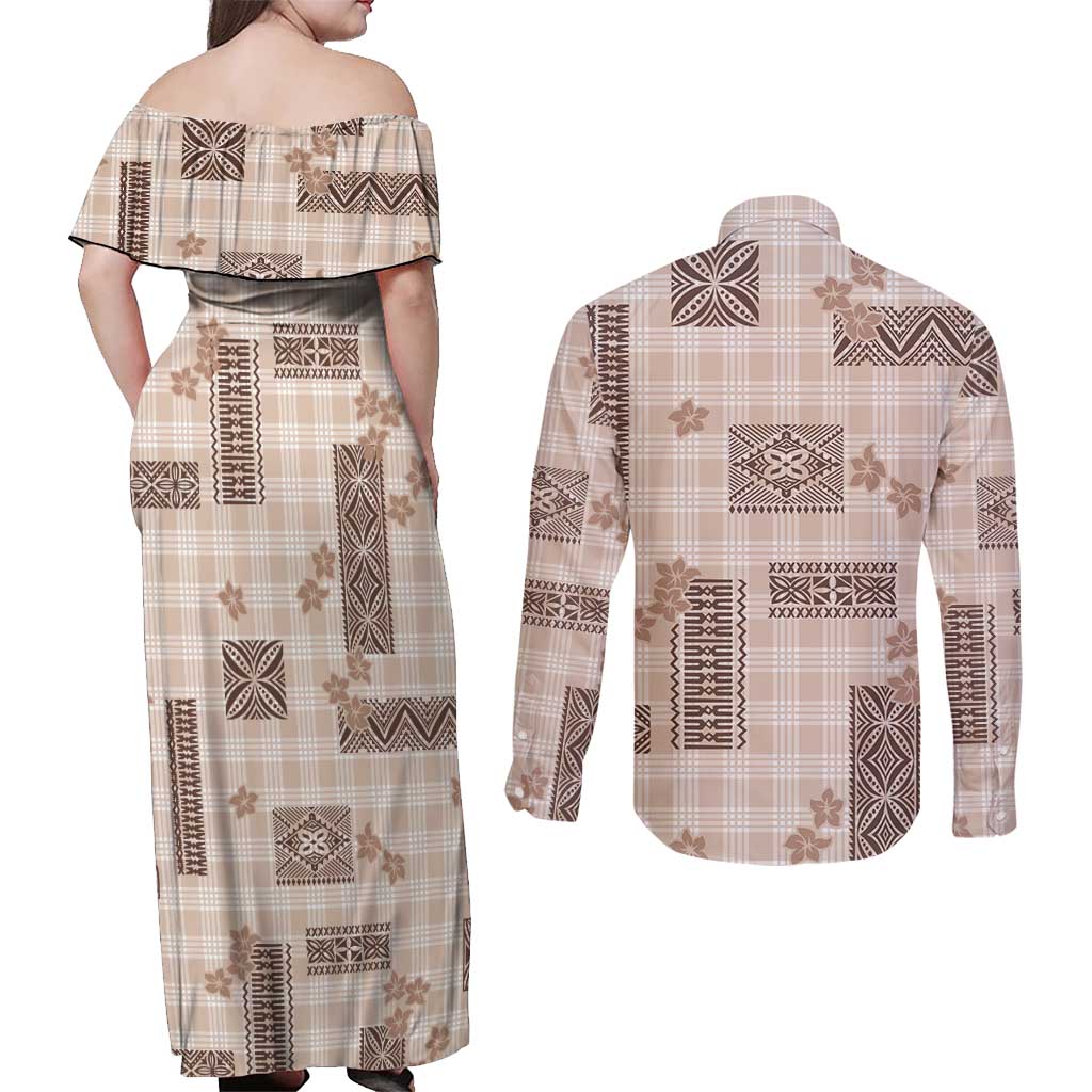Hawaiian Quilt Tapa On Beige Palaka Motifs Couples Matching Off Shoulder Maxi Dress and Long Sleeve Button Shirt LT7 - Polynesian Pride