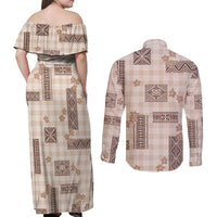 Hawaiian Quilt Tapa On Beige Palaka Motifs Couples Matching Off Shoulder Maxi Dress and Long Sleeve Button Shirt LT7 - Polynesian Pride