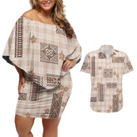 Hawaiian Quilt Tapa On Beige Palaka Motifs Couples Matching Off Shoulder Short Dress and Hawaiian Shirt LT7 Beige - Polynesian Pride