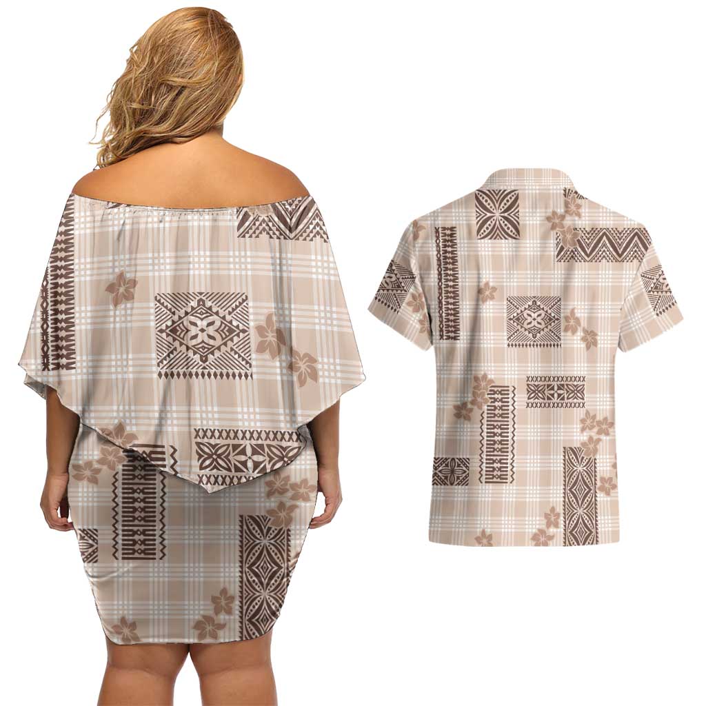 Hawaiian Quilt Tapa On Beige Palaka Motifs Couples Matching Off Shoulder Short Dress and Hawaiian Shirt LT7 - Polynesian Pride