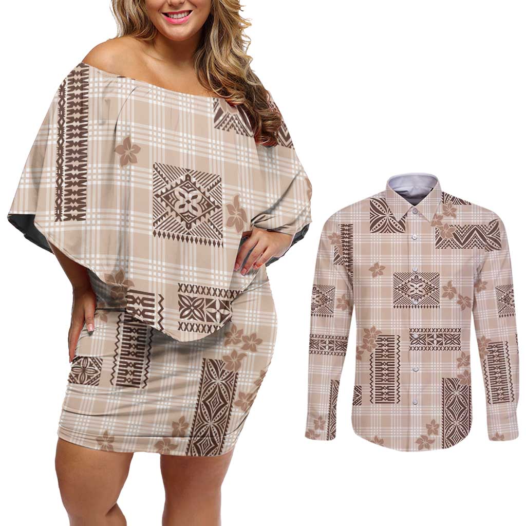 Hawaiian Quilt Tapa On Beige Palaka Motifs Couples Matching Off Shoulder Short Dress and Long Sleeve Button Shirt LT7 Beige - Polynesian Pride