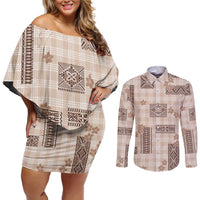 Hawaiian Quilt Tapa On Beige Palaka Motifs Couples Matching Off Shoulder Short Dress and Long Sleeve Button Shirt LT7 Beige - Polynesian Pride