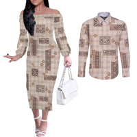 Hawaiian Quilt Tapa On Beige Palaka Motifs Couples Matching Off The Shoulder Long Sleeve Dress and Long Sleeve Button Shirt LT7 Beige - Polynesian Pride