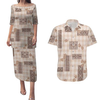 Hawaiian Quilt Tapa On Beige Palaka Motifs Couples Matching Puletasi and Hawaiian Shirt LT7 Beige - Polynesian Pride