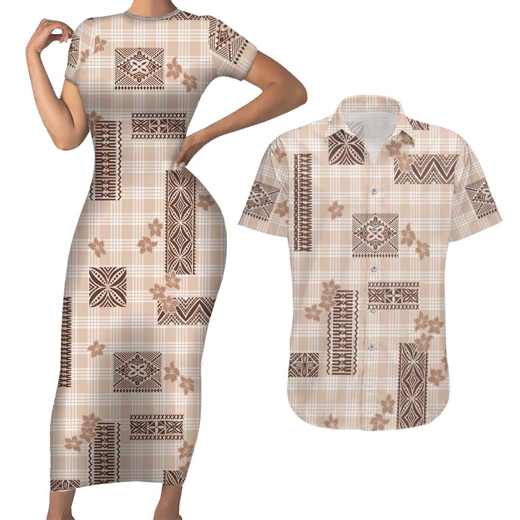 Hawaiian Quilt Tapa On Beige Palaka Motifs Couples Matching Short Sleeve Bodycon Dress and Hawaiian Shirt LT7 Beige - Polynesian Pride