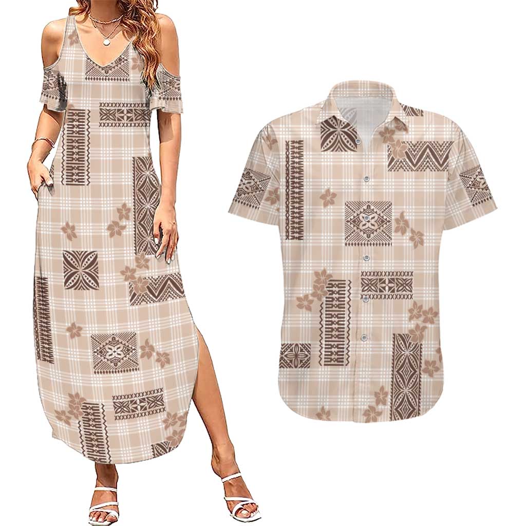 Hawaiian Quilt Tapa On Beige Palaka Motifs Couples Matching Summer Maxi Dress and Hawaiian Shirt