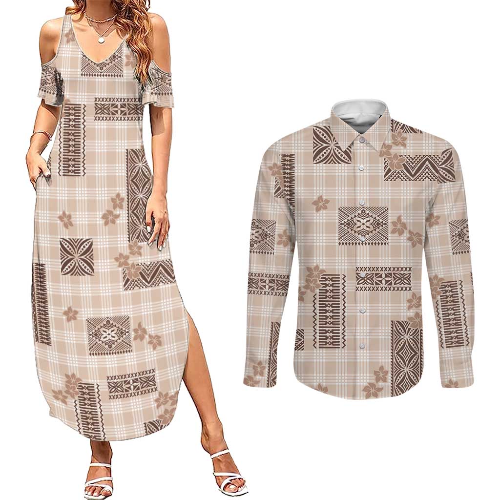 Hawaiian Quilt Tapa On Beige Palaka Motifs Couples Matching Summer Maxi Dress and Long Sleeve Button Shirt LT7 Beige - Polynesian Pride