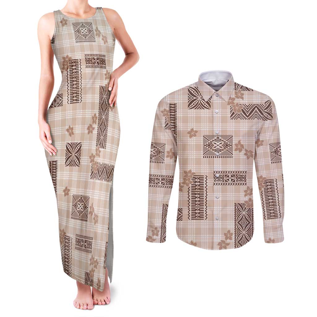 Hawaiian Quilt Tapa On Beige Palaka Motifs Couples Matching Tank Maxi Dress and Long Sleeve Button Shirt LT7 Beige - Polynesian Pride