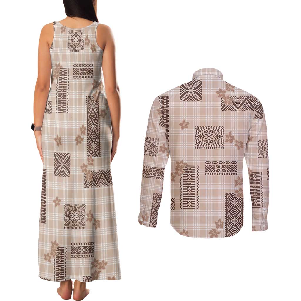 Hawaiian Quilt Tapa On Beige Palaka Motifs Couples Matching Tank Maxi Dress and Long Sleeve Button Shirt LT7 - Polynesian Pride