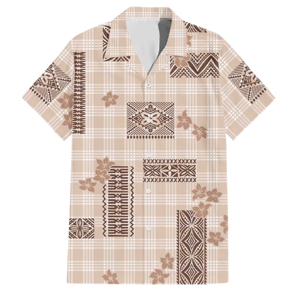 Hawaiian Quilt Tapa On Beige Palaka Motifs Family Matching Mermaid Dress and Hawaiian Shirt LT7 Dad's Shirt - Short Sleeve Beige - Polynesian Pride