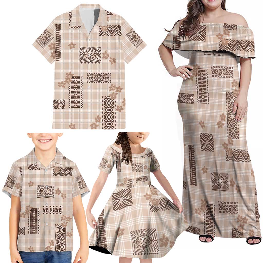 Hawaiian Quilt Tapa On Beige Palaka Motifs Family Matching Off Shoulder Maxi Dress and Hawaiian Shirt LT7 - Polynesian Pride