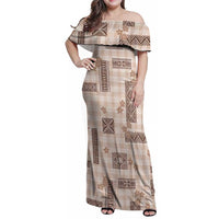 Hawaiian Quilt Tapa On Beige Palaka Motifs Family Matching Off Shoulder Maxi Dress and Hawaiian Shirt LT7 Mom's Dress Beige - Polynesian Pride