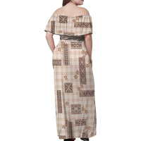 Hawaiian Quilt Tapa On Beige Palaka Motifs Family Matching Off Shoulder Maxi Dress and Hawaiian Shirt LT7 - Polynesian Pride