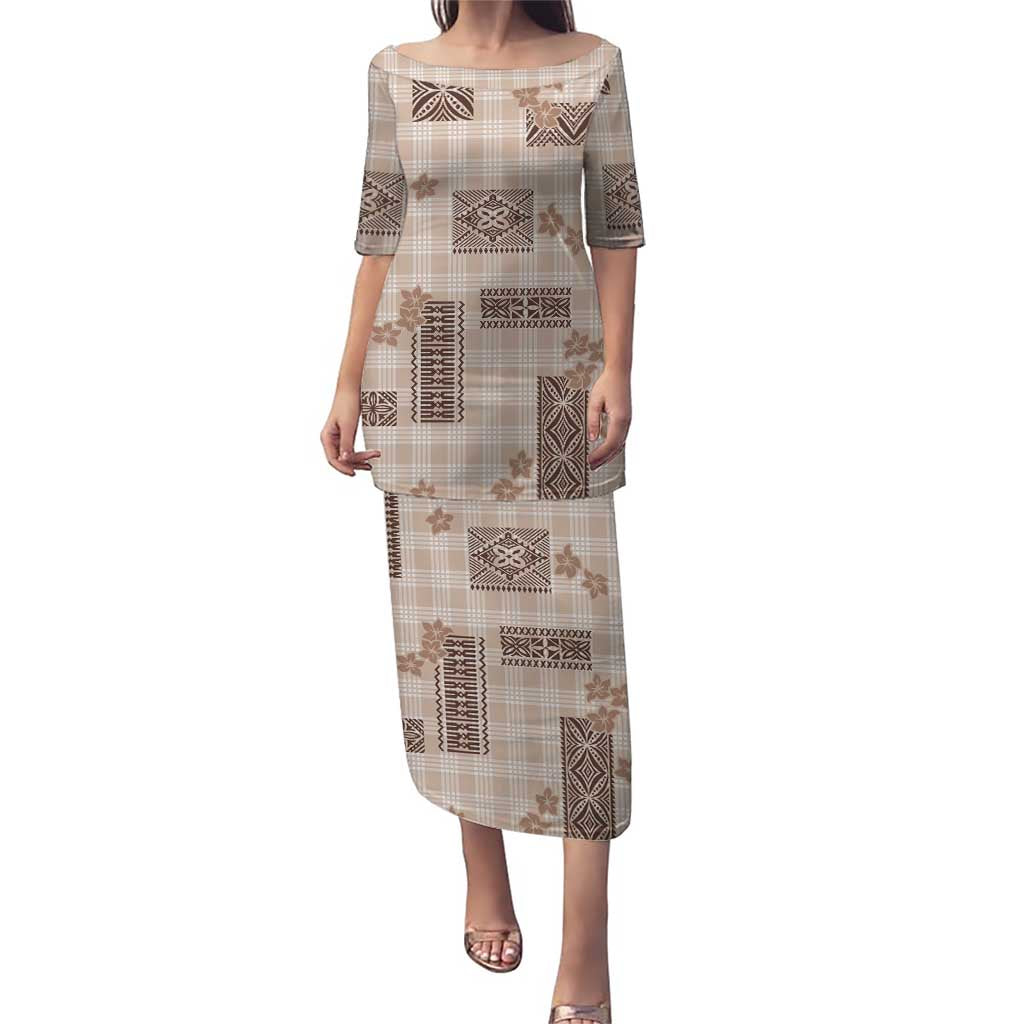 Hawaiian Quilt Tapa On Beige Palaka Motifs Family Matching Puletasi and Hawaiian Shirt LT7 Mom's Dress Beige - Polynesian Pride