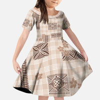 Hawaiian Quilt Tapa On Beige Palaka Motifs Family Matching Summer Maxi Dress and Hawaiian Shirt LT7 Daughter's Dress Beige - Polynesian Pride