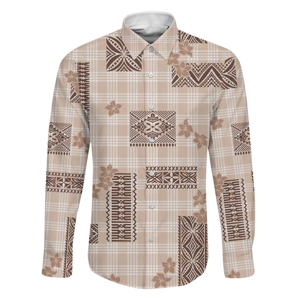 Hawaiian Quilt Tapa On Beige Palaka Motifs Family Matching Tank Maxi Dress and Hawaiian Shirt LT7 Dad's Shirt - Long Sleeve Beige - Polynesian Pride