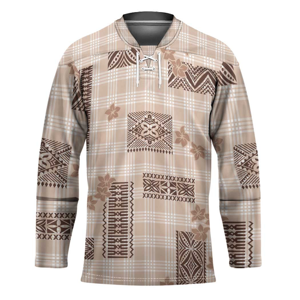 Hawaiian Quilt Tapa On Beige Palaka Motifs Hockey Jersey LT7 Unisex Beige - Polynesian Pride