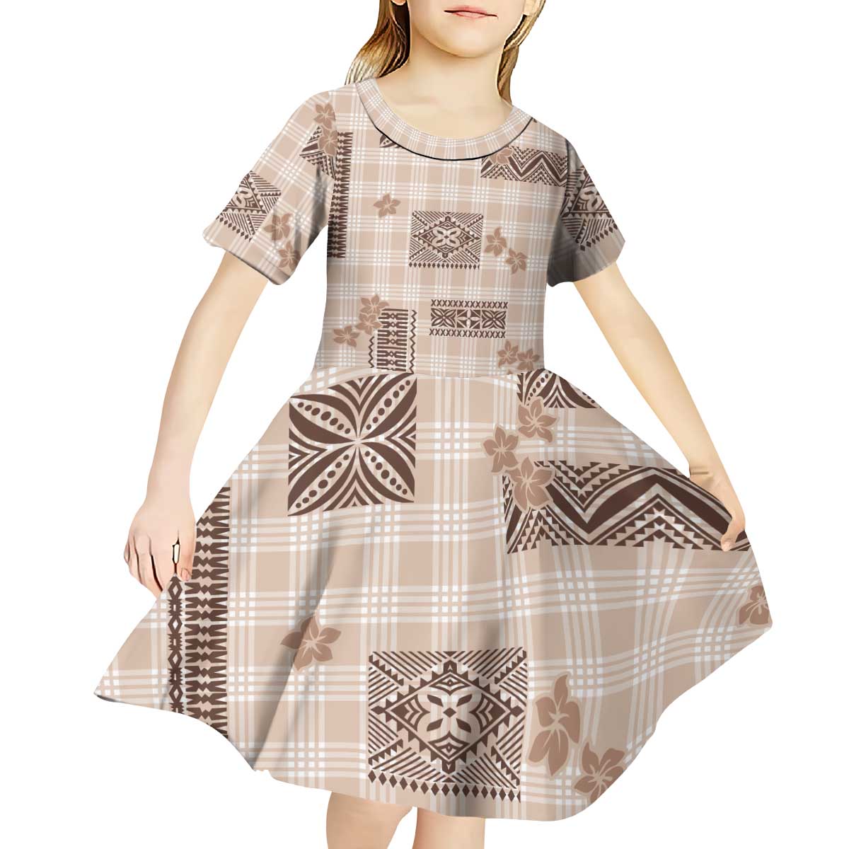 Hawaiian Quilt Tapa On Beige Palaka Motifs Kid Short Sleeve Dress