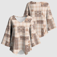 Hawaiian Quilt Tapa On Beige Palaka Motifs Kimono Sleeve Blouse