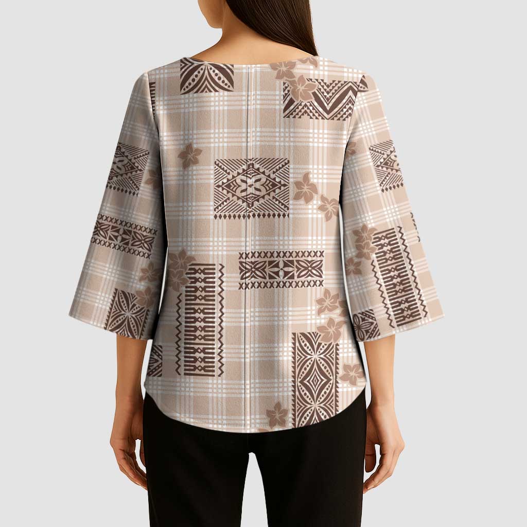 Hawaiian Quilt Tapa On Beige Palaka Motifs Kimono Sleeve Blouse
