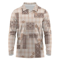 Hawaiian Quilt Tapa On Beige Palaka Motifs Long Sleeve Polo Shirt