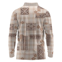 Hawaiian Quilt Tapa On Beige Palaka Motifs Long Sleeve Polo Shirt