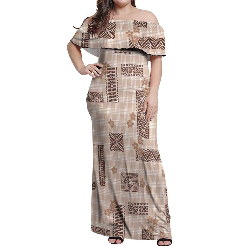 Hawaiian Quilt Tapa On Beige Palaka Motifs Off Shoulder Maxi Dress