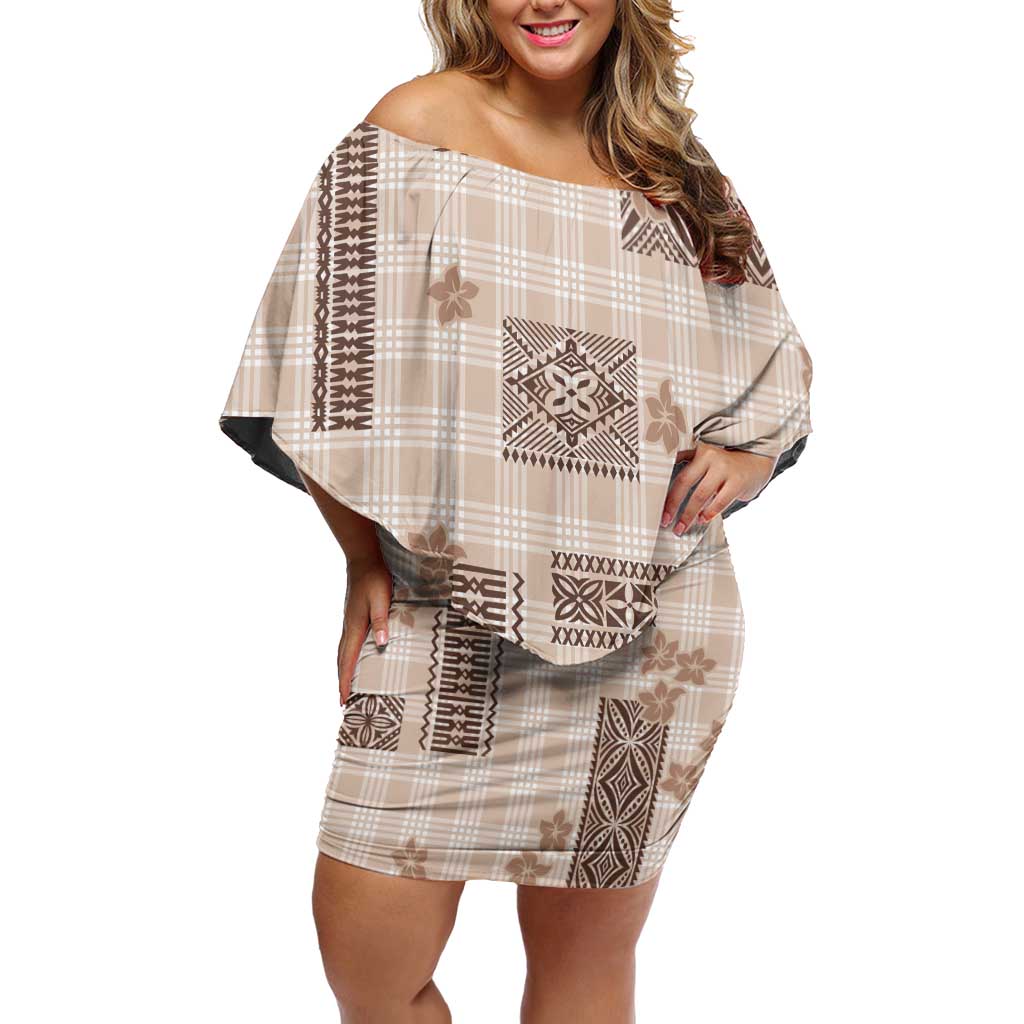 Hawaiian Quilt Tapa On Beige Palaka Motifs Off Shoulder Short Dress