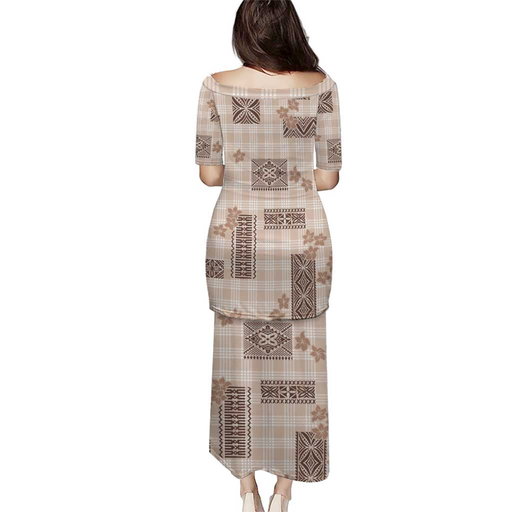 Hawaiian Quilt Tapa On Beige Palaka Motifs Puletasi