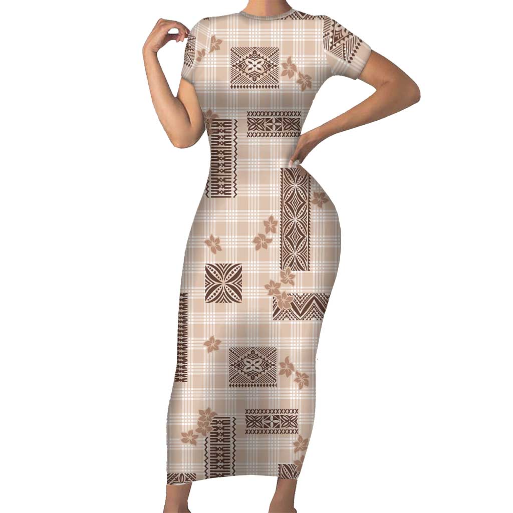 Hawaiian Quilt Tapa On Beige Palaka Motifs Short Sleeve Bodycon Dress