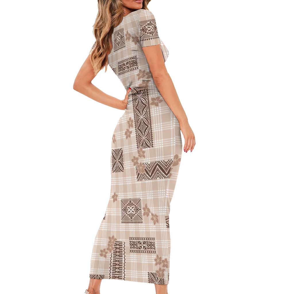 Hawaiian Quilt Tapa On Beige Palaka Motifs Short Sleeve Bodycon Dress