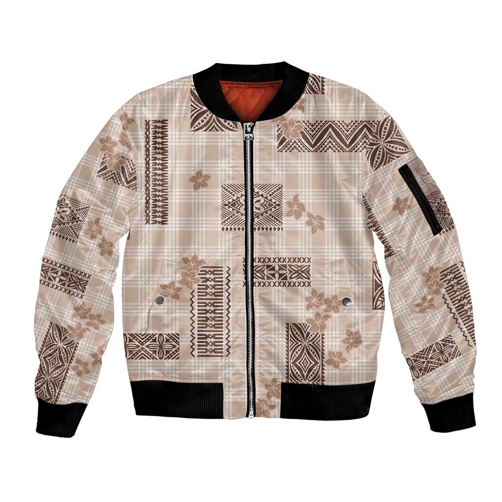 Hawaiian Quilt Tapa On Beige Palaka Motifs Sleeve Zip Bomber Jacket
