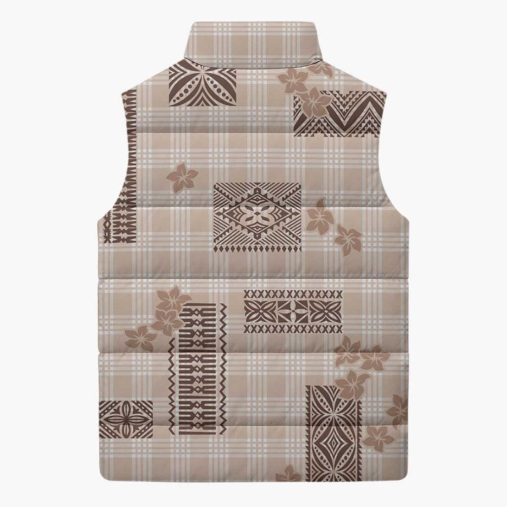 Hawaiian Quilt Tapa On Beige Palaka Motifs Sleeveless Puffer Jacket