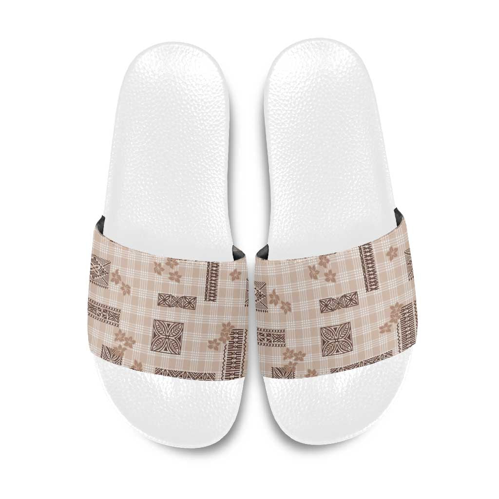 Hawaiian Quilt Tapa On Beige Palaka Motifs Slide Sandals