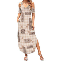 Hawaiian Quilt Tapa On Beige Palaka Motifs Summer Maxi Dress LT7 Women Beige - Polynesian Pride