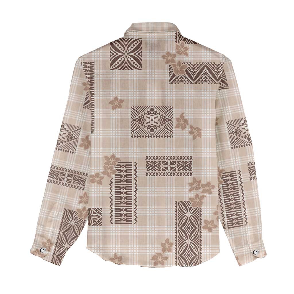 Hawaiian Quilt Tapa On Beige Palaka Motifs Women Casual Shirt LT7 - Polynesian Pride