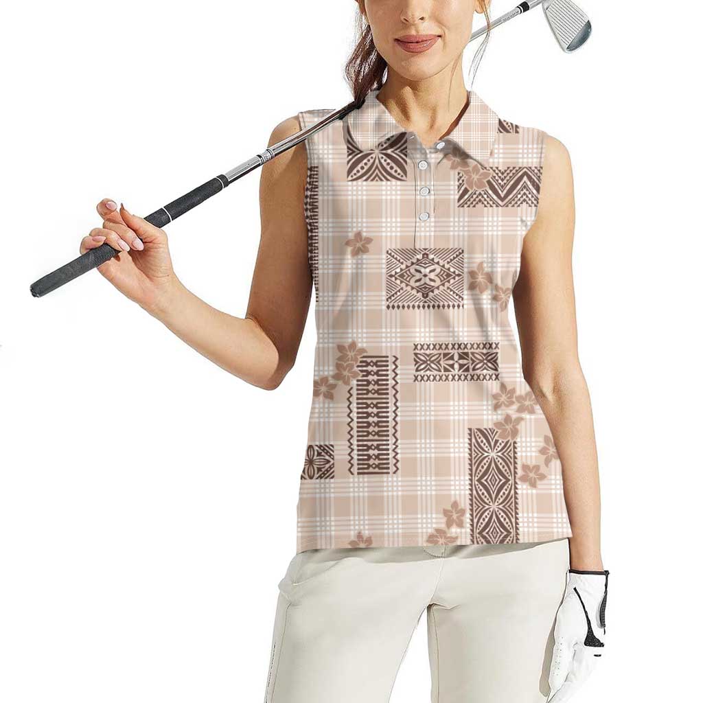 Hawaiian Quilt Tapa On Beige Palaka Motifs Women Sleeveless Polo Shirt LT7 - Polynesian Pride