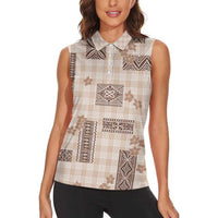 Hawaiian Quilt Tapa On Beige Palaka Motifs Women Sleeveless Polo Shirt LT7 - Polynesian Pride